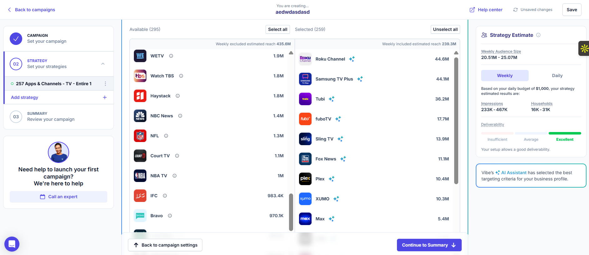 Airspot Campaign Management Interface showing TV advertising metrics and controls